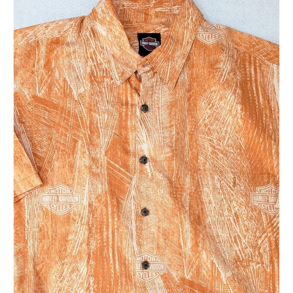 Harley Davidson Shirt Mens Orange Hawaiian Botton Up Motorcycles Sz L